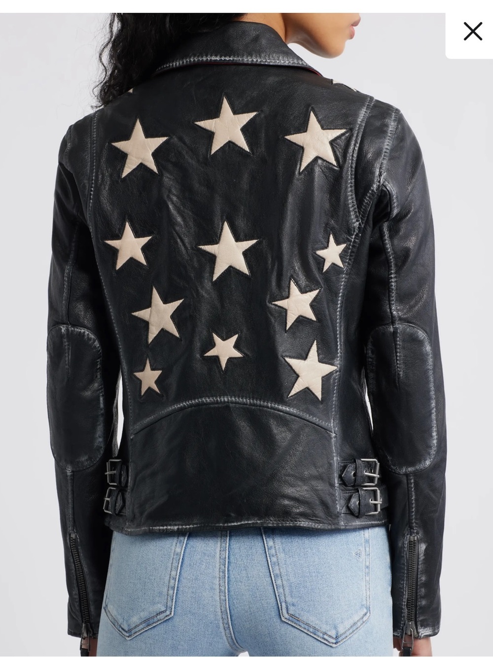 Mauritius Christy Black Leather Moto Jacket with Cream Star Appliqués